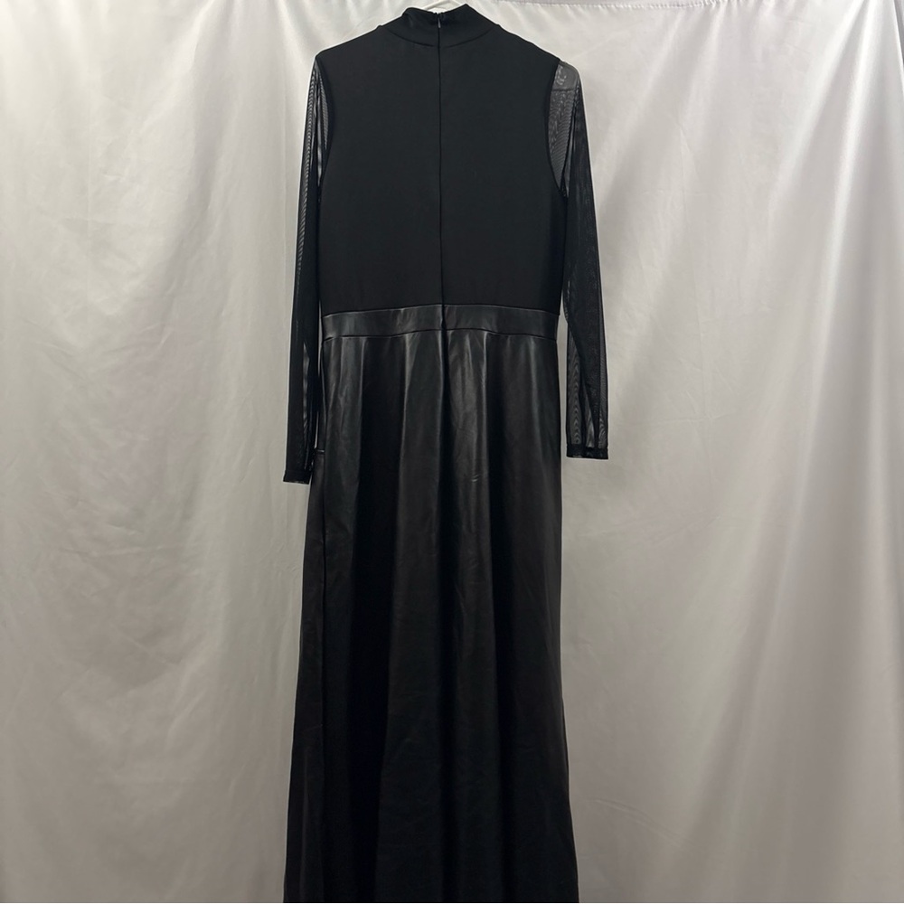 Ashley Stewart Black Faux Leather Long Sleeve Maxi 14/16 Dress Sheer Mock Neck - Picture 8 of 9